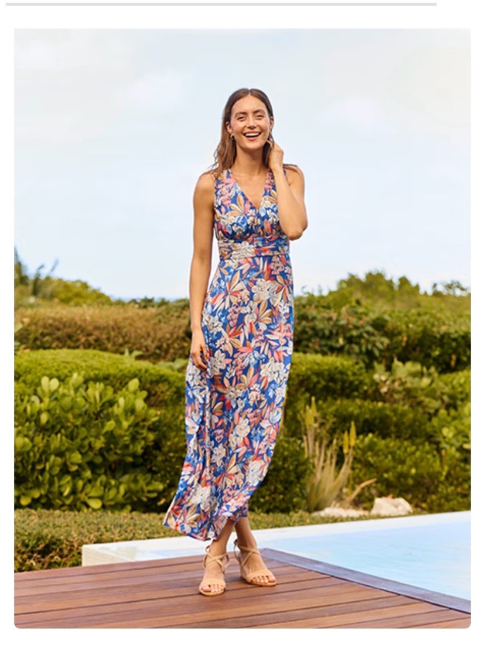 J McLaughlin Silk Blue Tropical Floral Maxi Dress Resortwear Quiet Luxury Boho 0